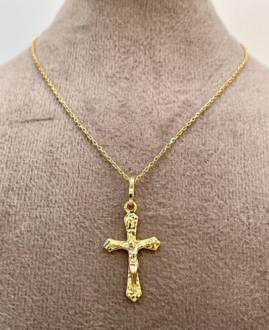 18K Solid Gold Cross and Cable Chain Necklace, Real Gold Crucifix Necklace, Gift For Her/Him Birthday Gift.