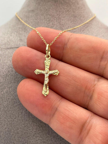 18K Solid Gold Cross and Cable Chain Necklace, Real Gold Crucifix Necklace, Gift For Her/Him Birthday Gift.