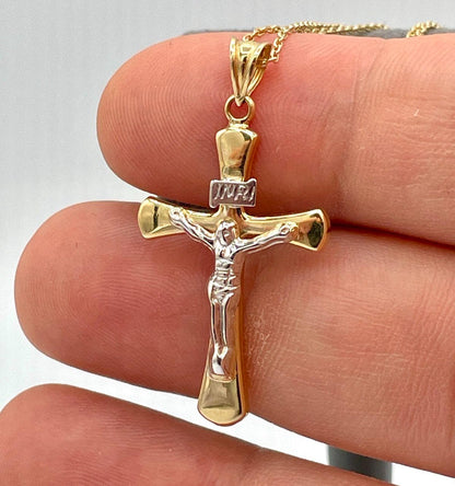 18K Cross Necklace, Real Gold Crucifix Necklace,1.5"Height Cross, Cable Chain Necklace, Birthday Gift, Mothers Day, Gift For Her/Him!