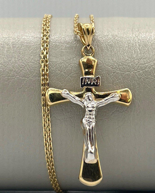 18K Cross Necklace, Real Gold Crucifix Necklace,1.5"Height Cross, Cable Chain Necklace, Birthday Gift, Mothers Day, Gift For Her/Him!