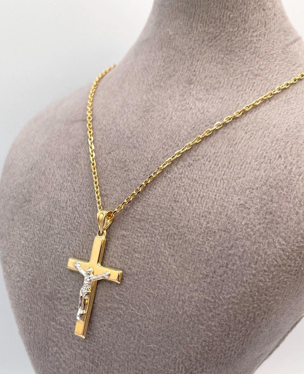Solid  18K Cross Necklace Gold, Real Gold Crucifix & Necklace, Solid Cable Necklace(1.2 mm) Thickness, Gift For Her/Him!