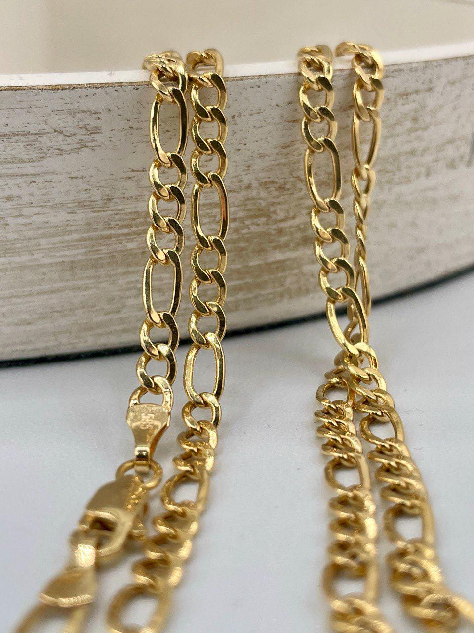 14K Solid Gold Figaro Necklace Chain,(3.5 mm) Width ,Real Gold Necklace, yellow Necklace Chain, Birthday Gift For Her/Him