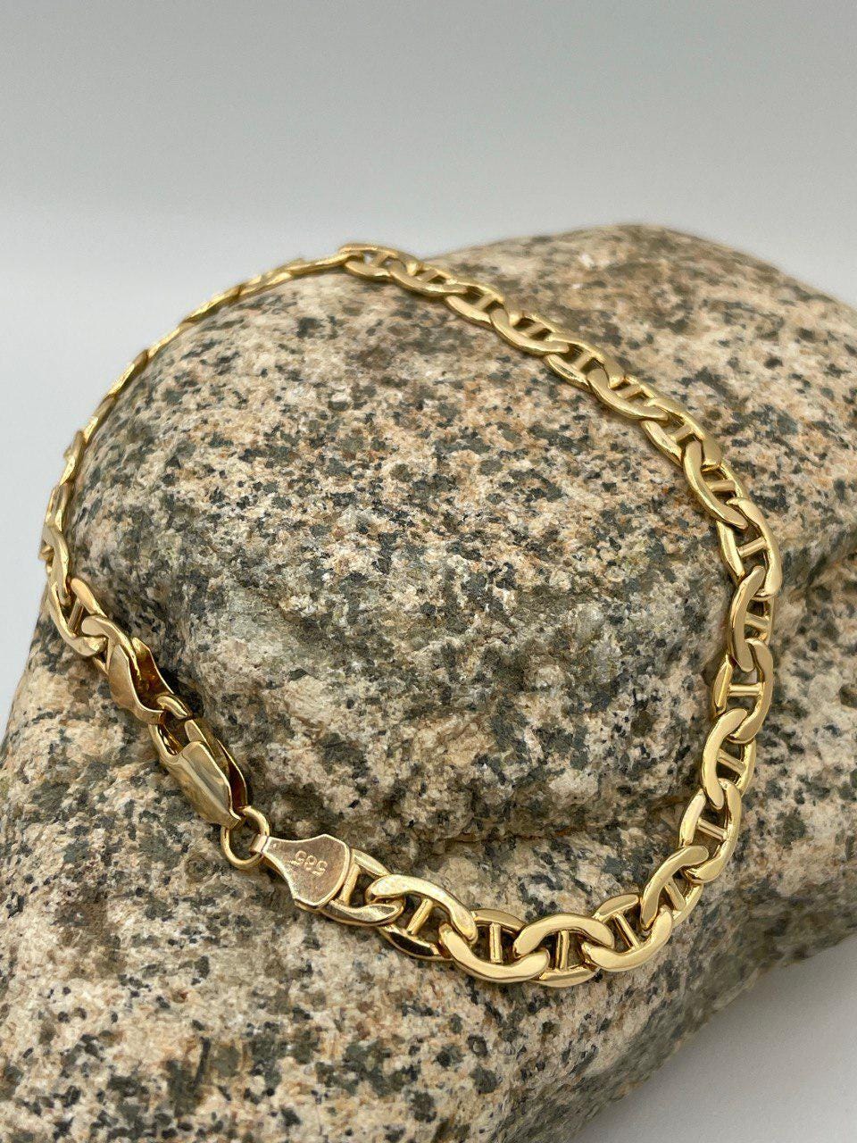 14K Solid Gold Anchor Bracelet, Solid Link Gold, (5 mm)Width,Real Gold Bracelet,Birthday Gift For Her/Him!
