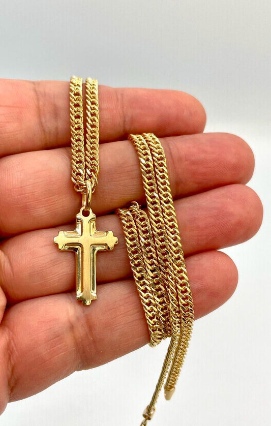 18K Solid Cross Necklace, Curb (3.5mm) Width
