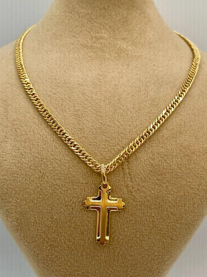 18K Solid Cross Necklace, Curb (3.5mm) Width