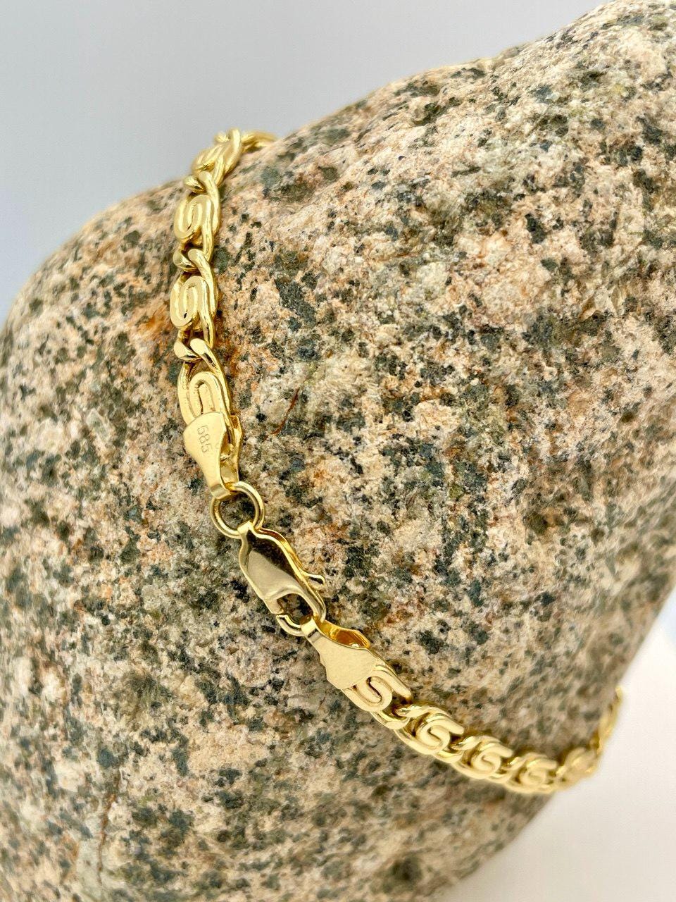 14K Solid Link Chain Gold ,Snail Chain With Spiral Links,Real Solid Link Gold Bracelet,Yellow Gold Chain,4mm Thickness , Gift,For Her/Him!