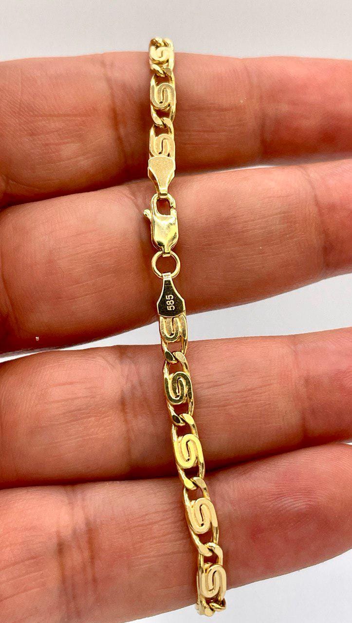 14K Solid Link Chain Gold ,Snail Chain With Spiral Links,Real Solid Link Gold Bracelet,Yellow Gold Chain,4mm Thickness , Gift,For Her/Him!