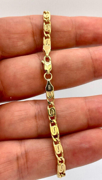14K Solid Link Chain Gold ,Snail Chain With Spiral Links,Real Solid Link Gold Bracelet,Yellow Gold Chain,4mm Thickness , Gift,For Her/Him!