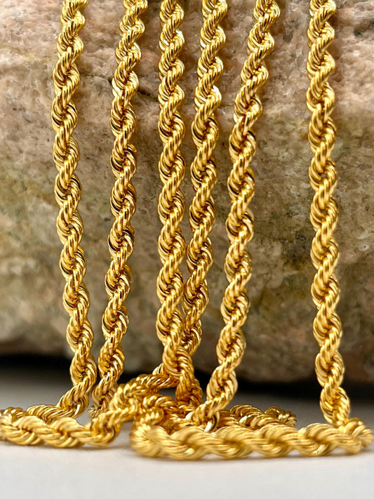 14K Yellow Gold Rope Chain Diamond cut Necklace, 25.5" - 29.5"Length , 2mm Thickness For Her/Him
