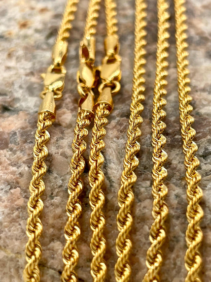 14K Yellow Gold Rope Chain Diamond cut Necklace, 25.5" - 29.5"Length , 2mm Thickness For Her/Him