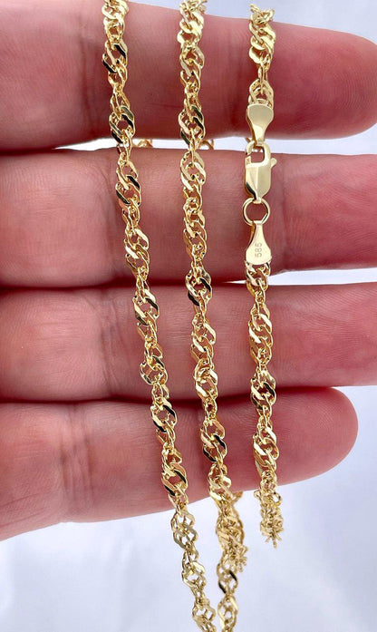 14K Gold Singapor Necklace Chain, Real Gold Chain,(4mm Width),Diamond Cut Necklace Chain, Gift For Her/Him!