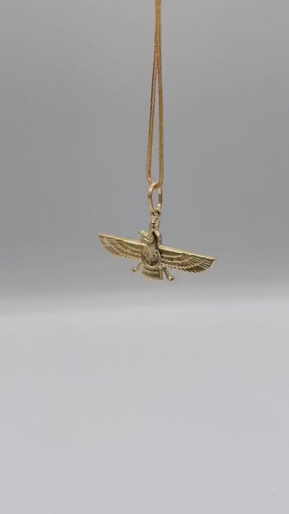 18k Gold Faravahar Necklace, symbol of Ahura Mazda,Handmade in Vancouver,with Franco chain 20",1 mm, Faravahar symbol of Zoroastrian,Gift.