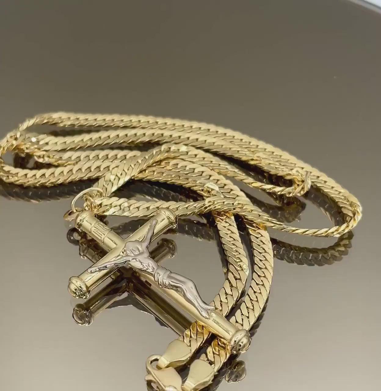 18K Solid Gold Crucifix Cross Necklace, 18K Real Gold Cross Pendant, Curb Chain, Elegant Unisex 18K Solid Gold Cross Necklace for Him/Her!